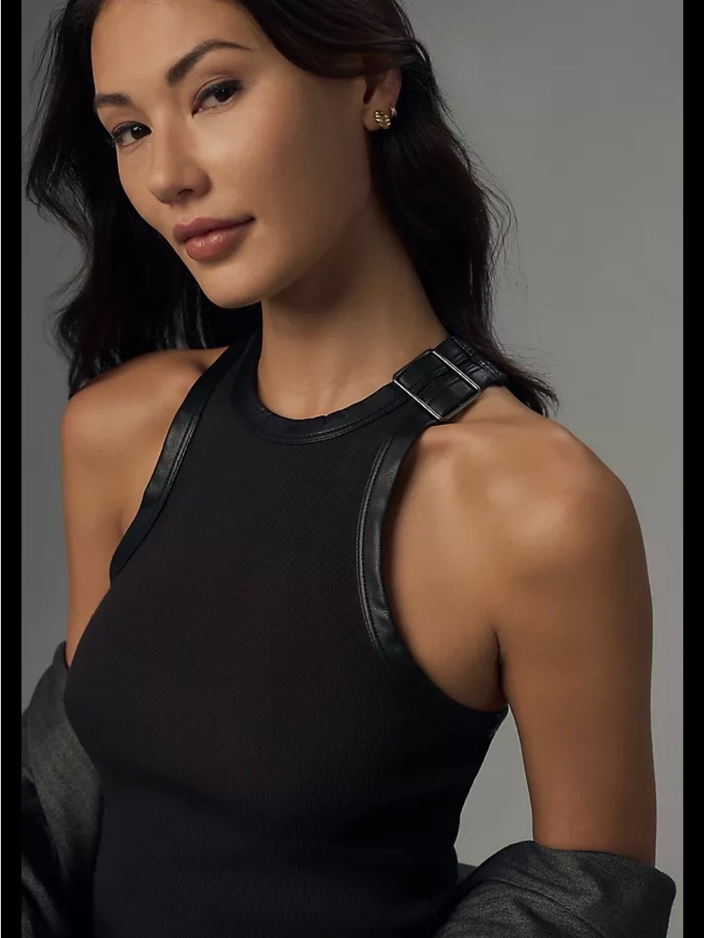 Pilcro Black Ribbed Tank with Leather Trim